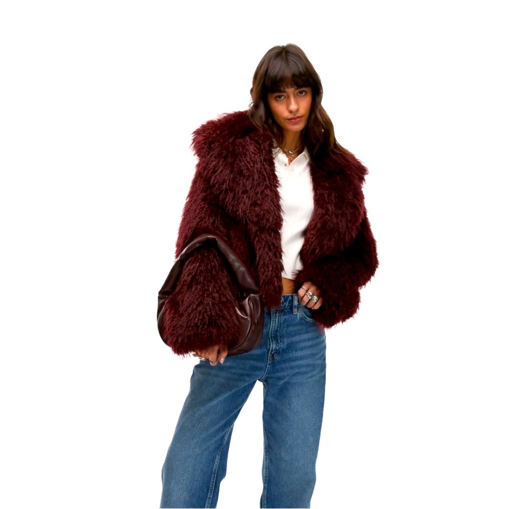 Mango faux fur jacket in dark red